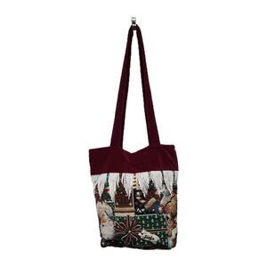 Vintage Christmas Art Tapestry Purse Tote Bag Beaded Fringe Xmas Santa Velvet